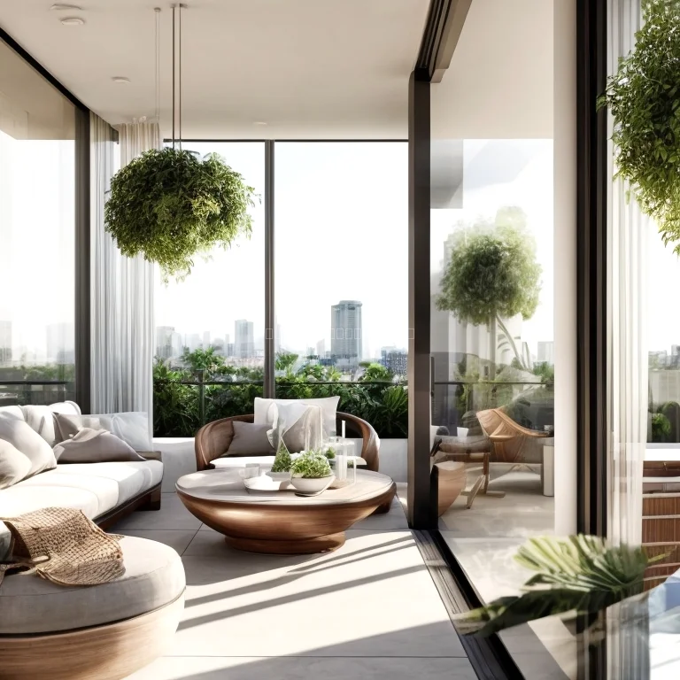 Modern luxury apartment terrace overlooking city skyline